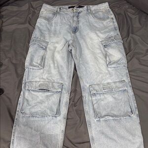 Blue and Silver Cargo Pants with Relaxed Fit